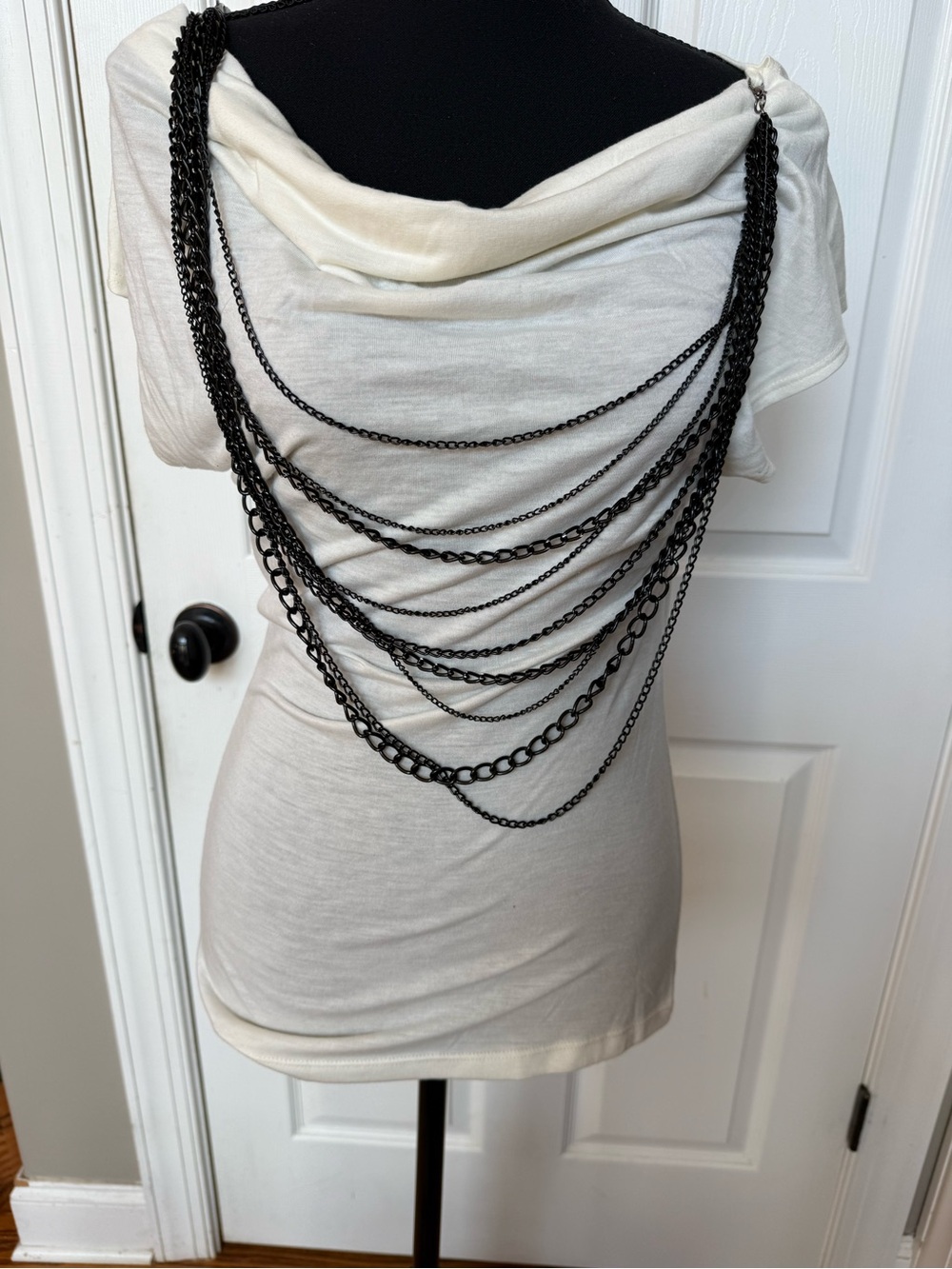 Lemax Cream Cowl Tunic with Layered Black Chain Back